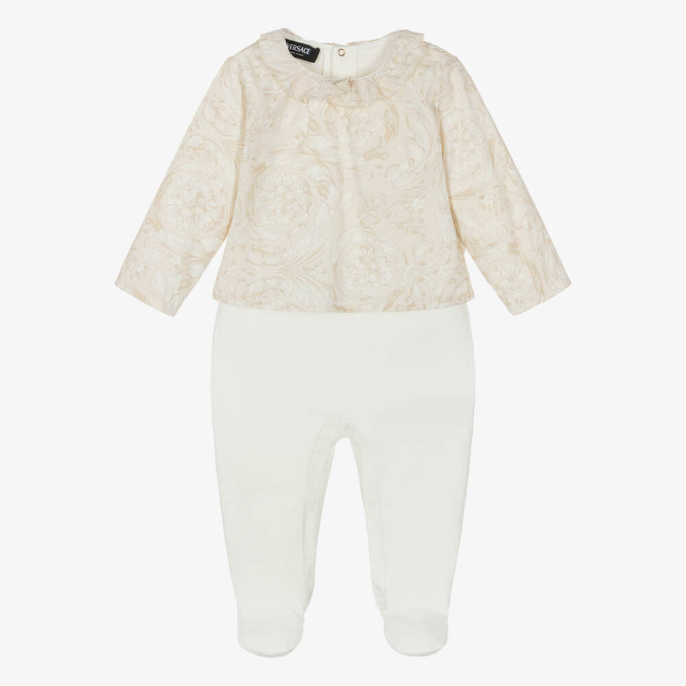 Versace-Ivory & Beige Whisper Barocco Cotton Babygrow | Childrensalon Outlet
