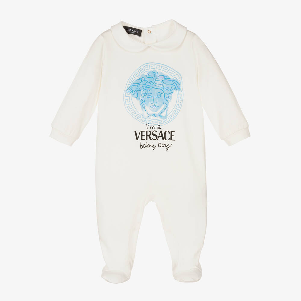 Versace - Ivory & Blue Logo Babysuit | Childrensalon