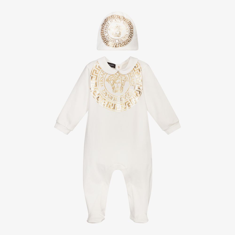 Versace - Coffret cadeau grenouillère et bonnet ivoire en coton | Childrensalon