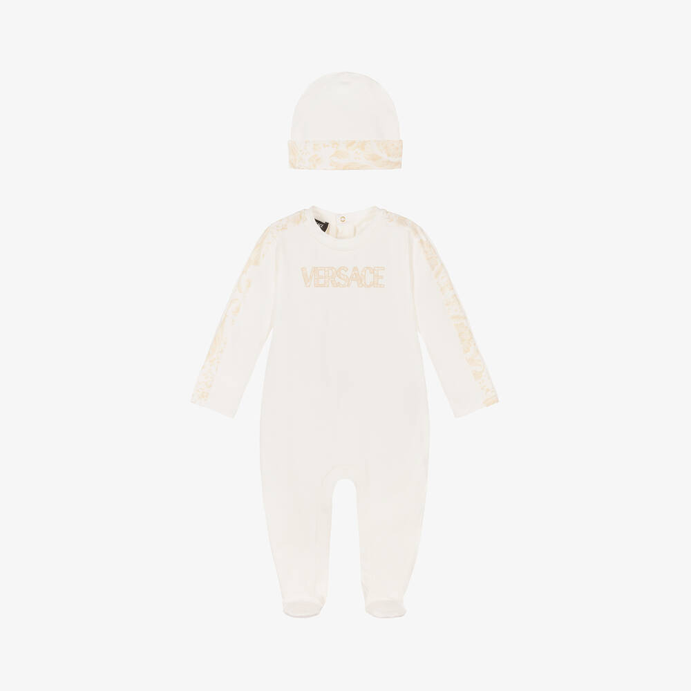 Versace-Ivory Cotton Babysuit & Hat Set | Childrensalon Outlet