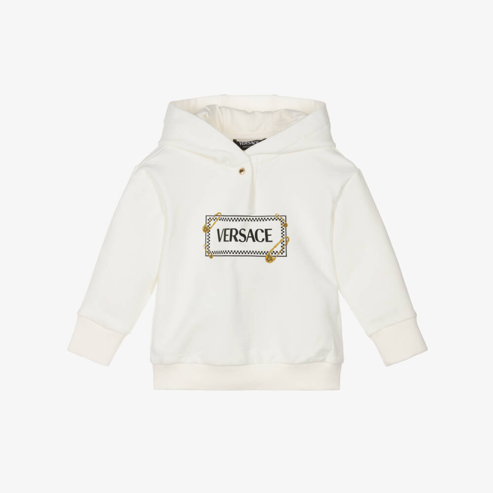 Versace-Ivory Cotton & Cashmere Baby Hoodie with Safety Pin Logo | Childrensalon Outlet
