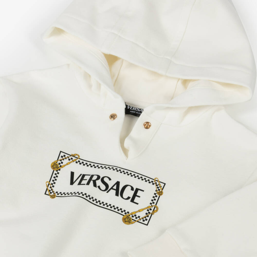 Versace-Ivory Cotton & Cashmere Baby Hoodie with Safety Pin Logo | Childrensalon Outlet