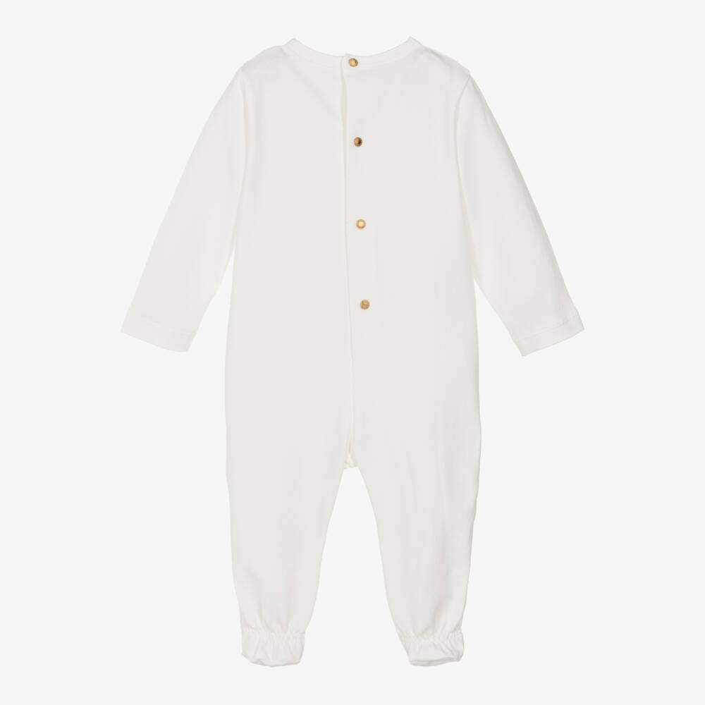 Versace-Ivory Cotton Jersey Safety Pin Logo Babygrow | Childrensalon Outlet