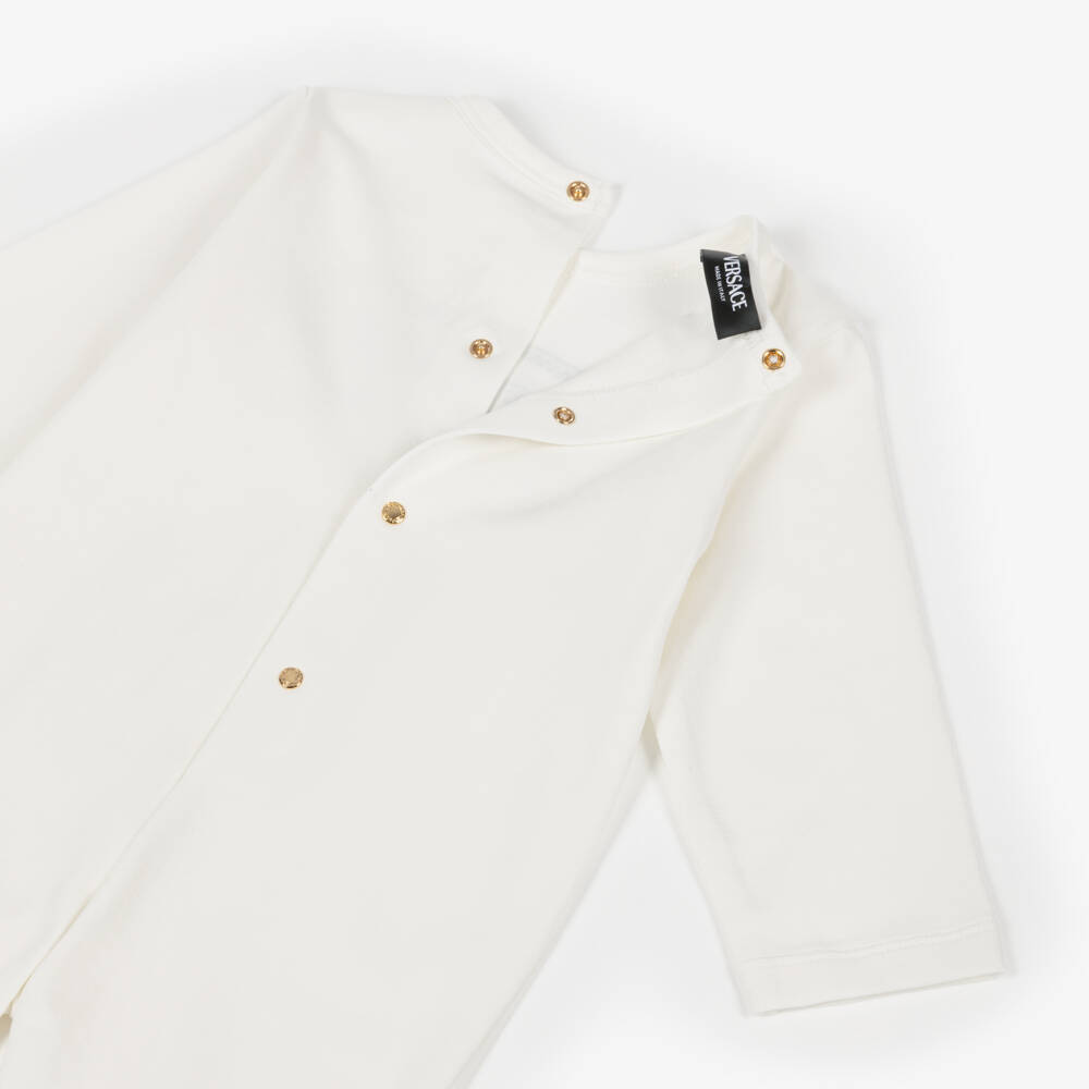 Versace-Ivory Cotton Jersey Safety Pin Logo Babygrow | Childrensalon Outlet