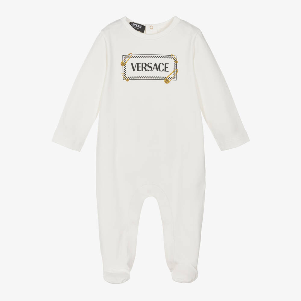Versace-Ivory Cotton Jersey Safety Pin Logo Babygrow | Childrensalon Outlet