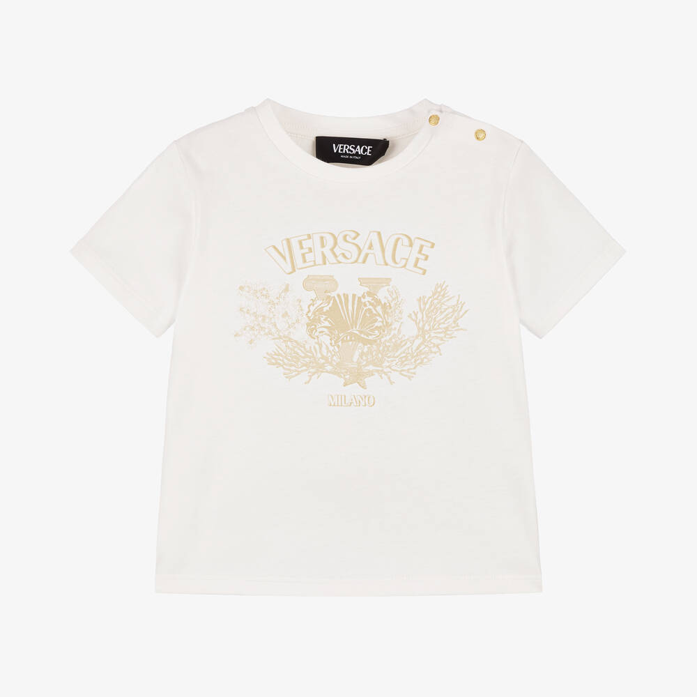 Versace-Ivory Cotton University Coral Baby T-Shirt | Childrensalon Outlet