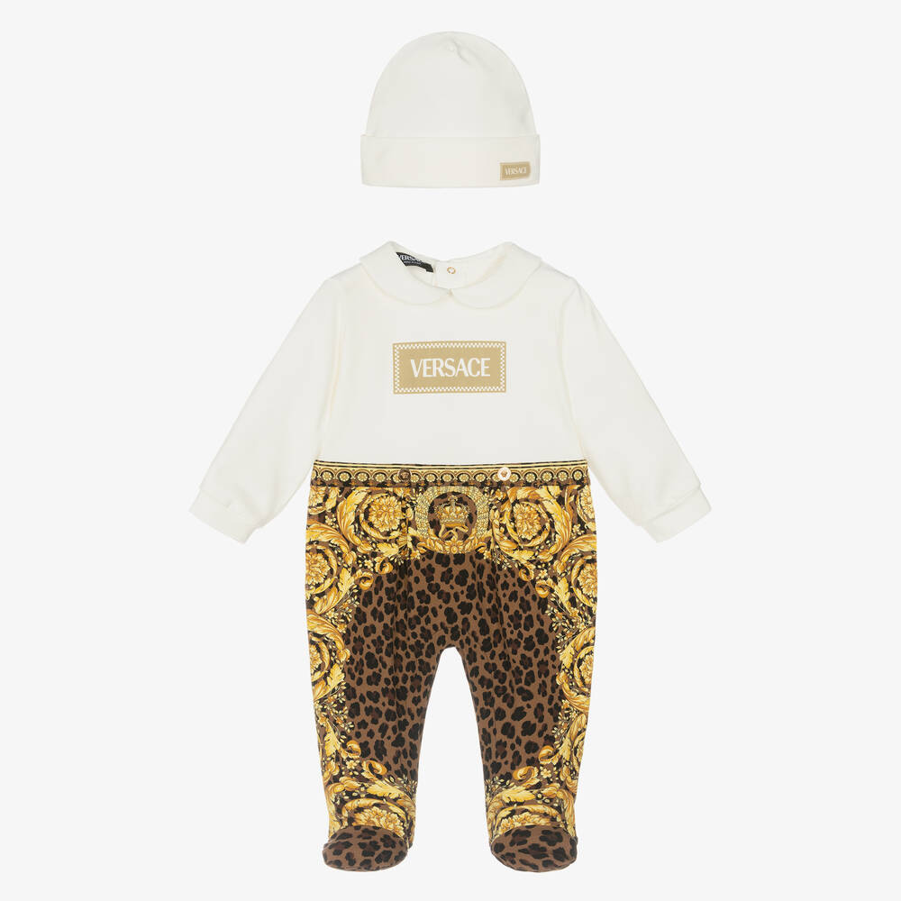 Versace-Ivory Cotton Wild Barocco Babysuit Gift Set | Childrensalon Outlet