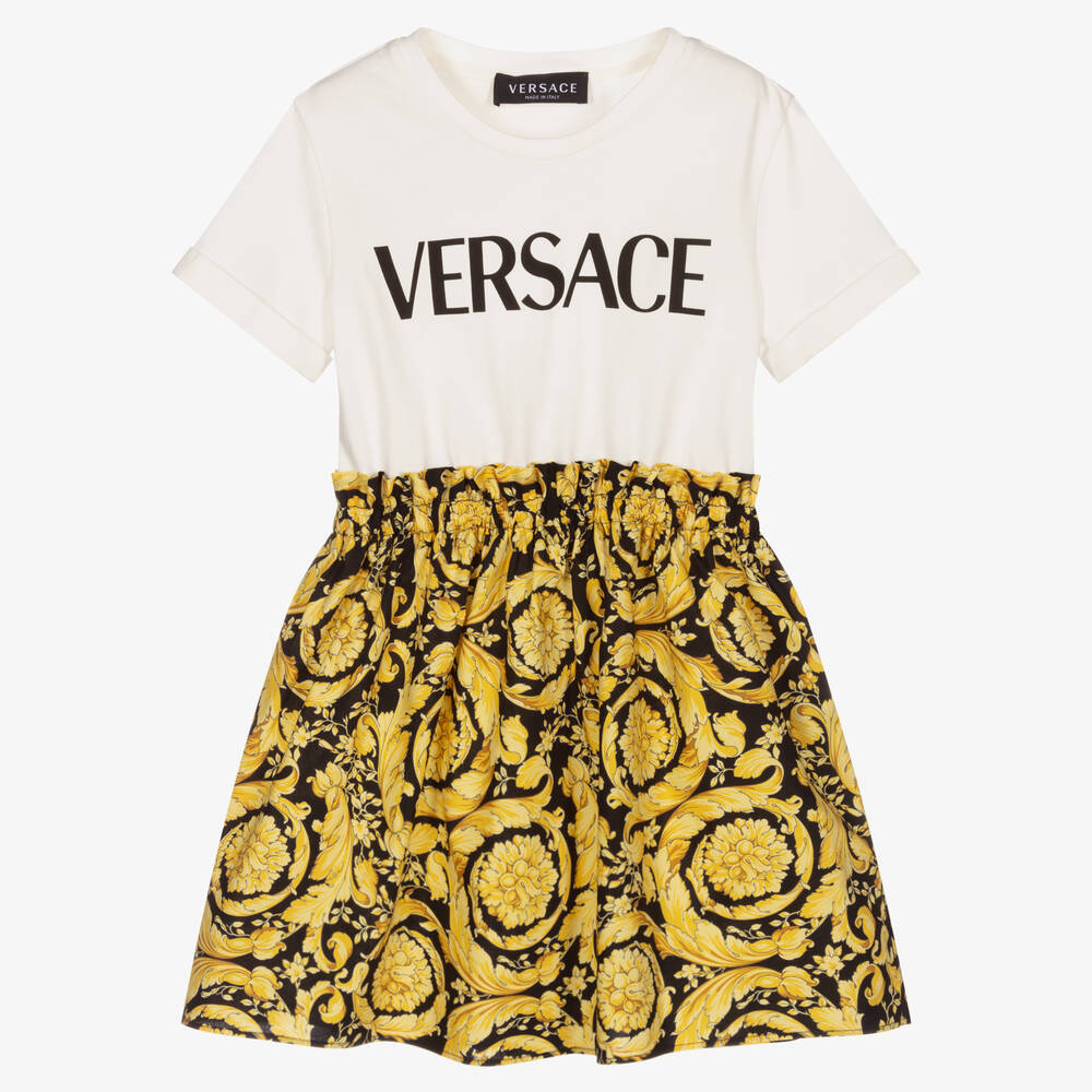 Versace - فستان مزيج قطن لون عاجي وذهبي بطبعة الباروك  | Childrensalon