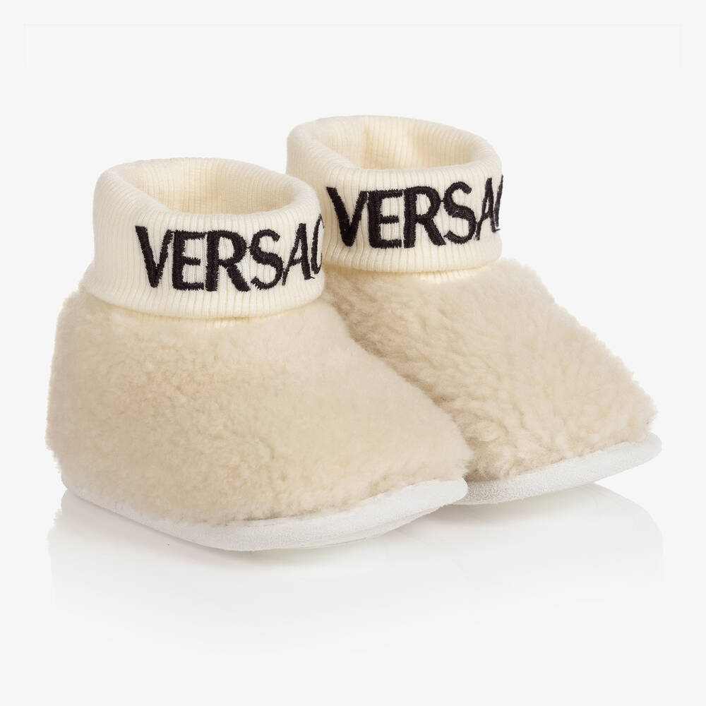 Versace - Ivory Sheepskin Logo Booties | Childrensalon