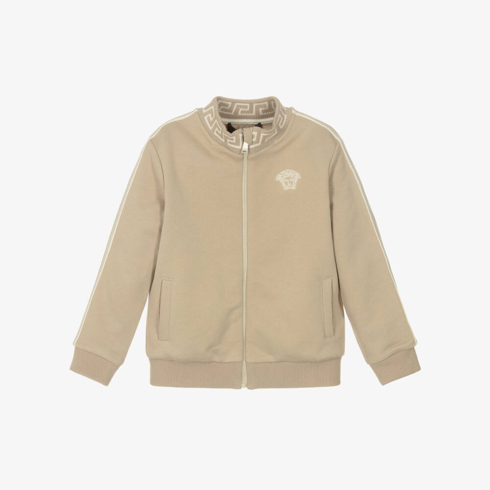 Versace-Junior Boys Beige Cotton Zip-Up Top with Greca & Medusa Logos | Childrensalon Outlet