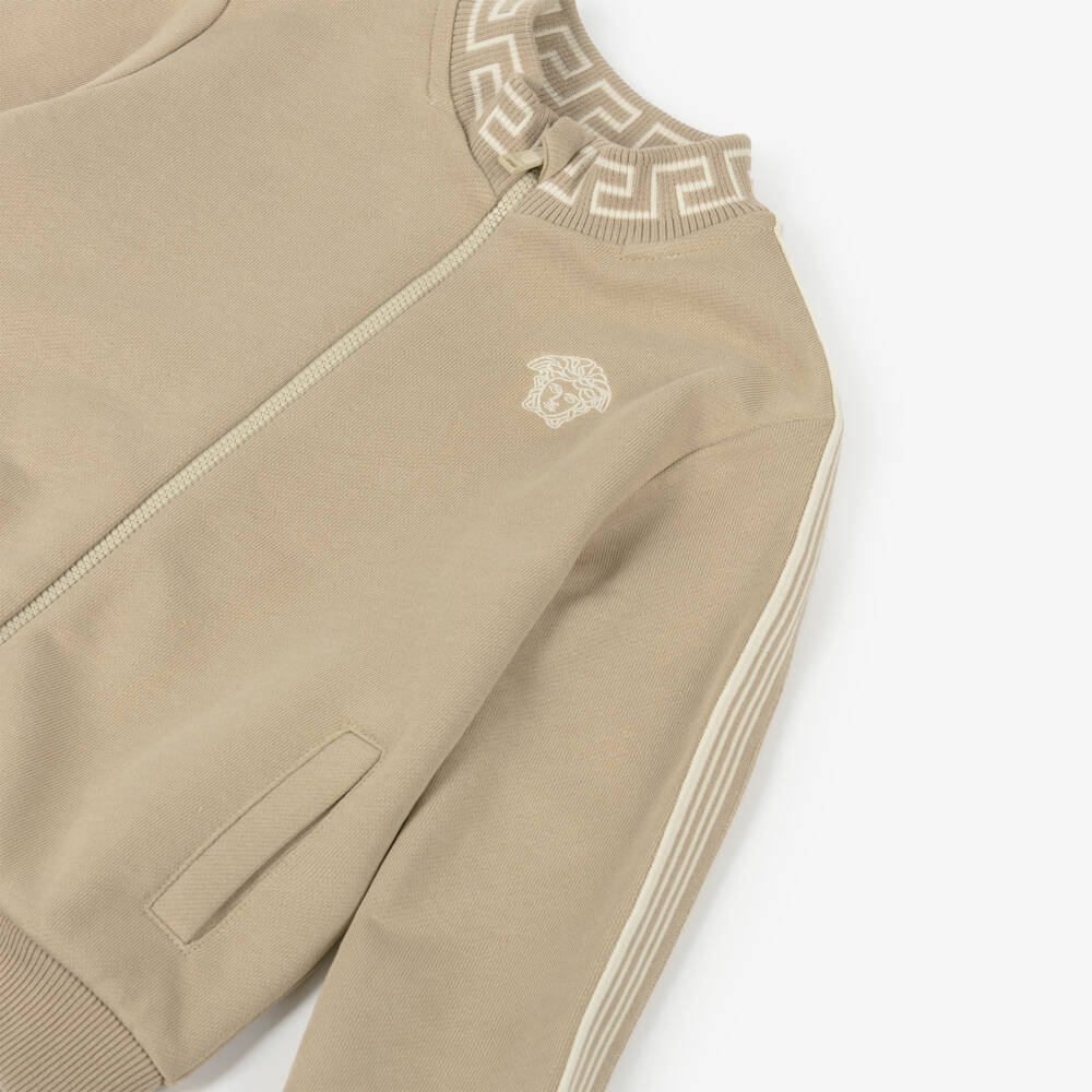 Versace-Junior Boys Beige Cotton Zip-Up Top with Greca & Medusa Logos | Childrensalon Outlet