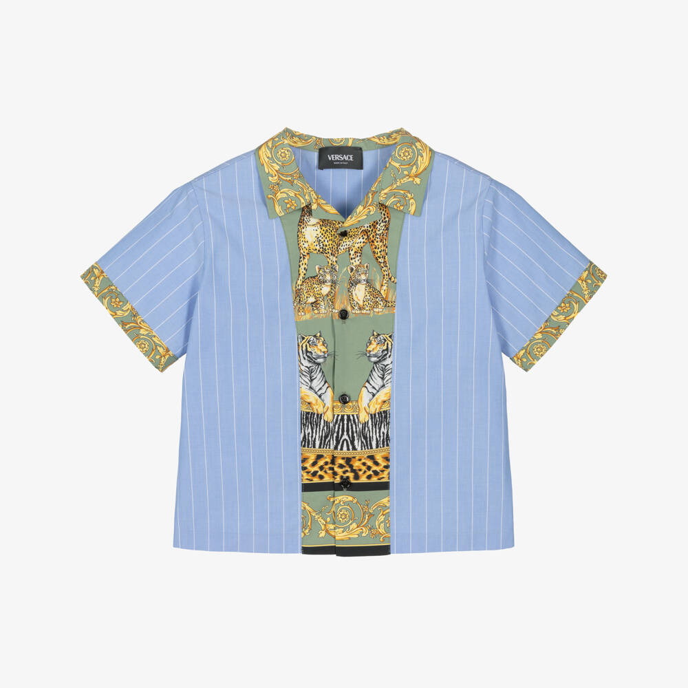 Versace-Рубашка с леопардовым принтом синего и зеленого цвета для мальчиков | Childrensalon Outlet