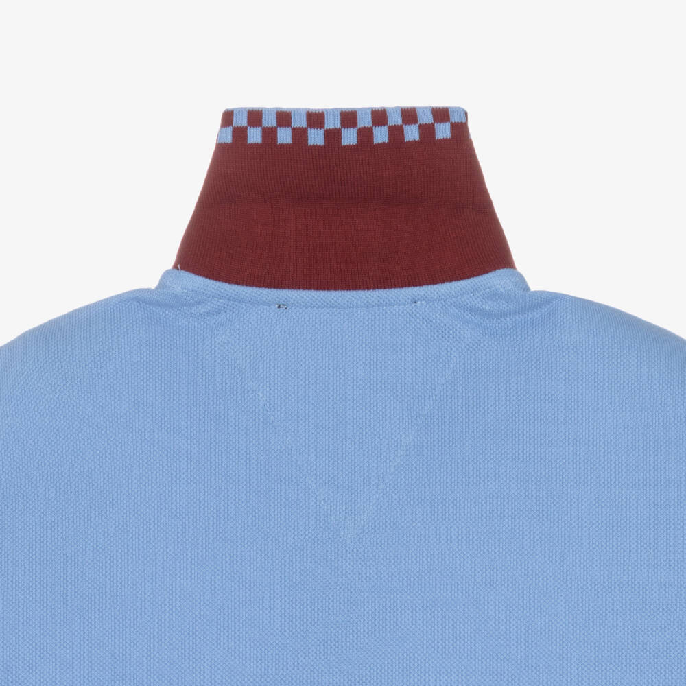 Versace-Junior Boys Blue Piqué Polo Shirt with Checkerboard Trims | Childrensalon Outlet
