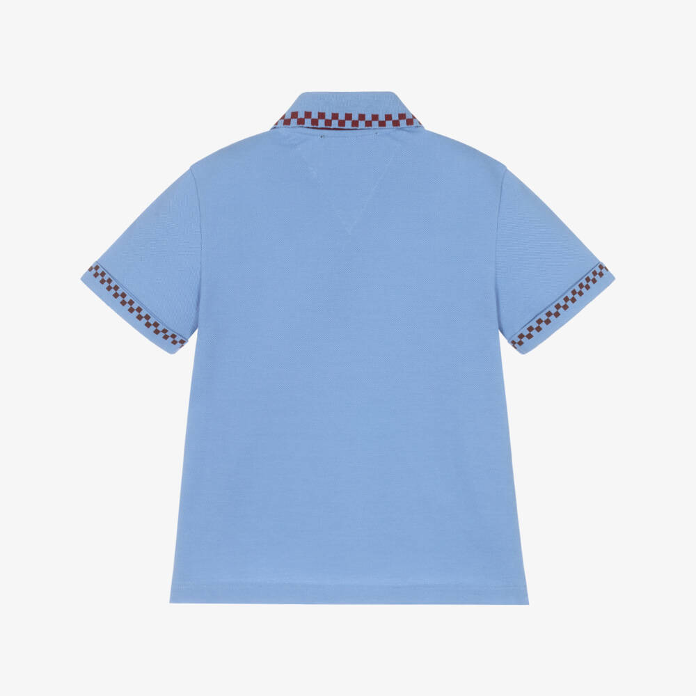 Versace-Junior Boys Blue Piqué Polo Shirt with Checkerboard Trims | Childrensalon Outlet