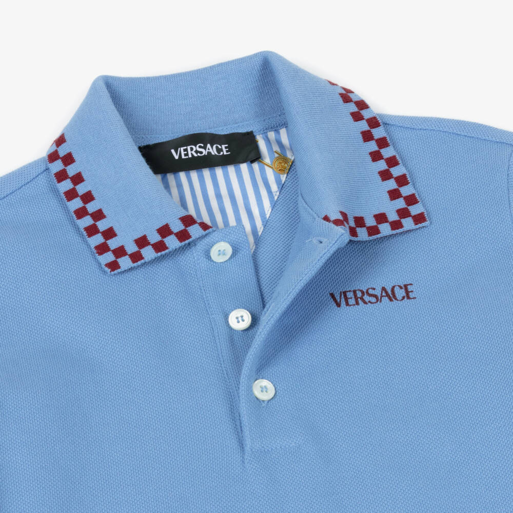 Versace-Junior Boys Blue Piqué Polo Shirt with Checkerboard Trims | Childrensalon Outlet