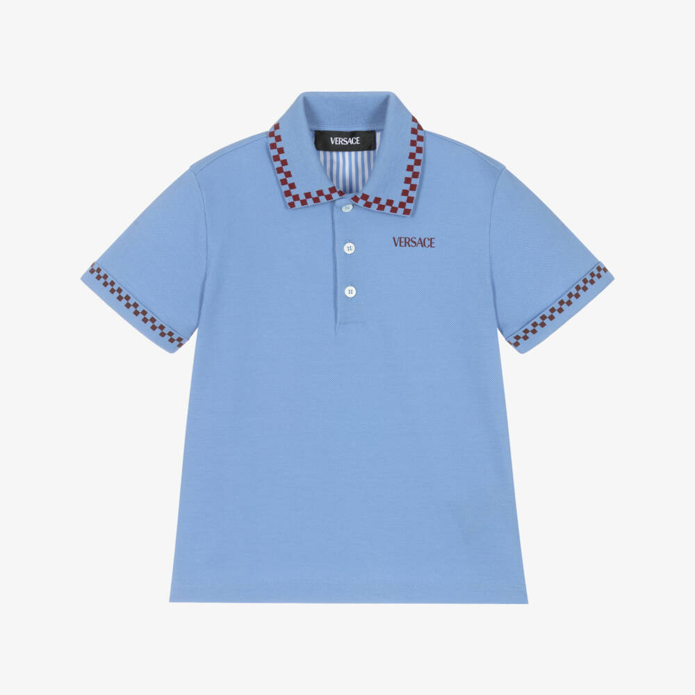 Versace-Junior Boys Blue Piqué Polo Shirt with Checkerboard Trims | Childrensalon Outlet