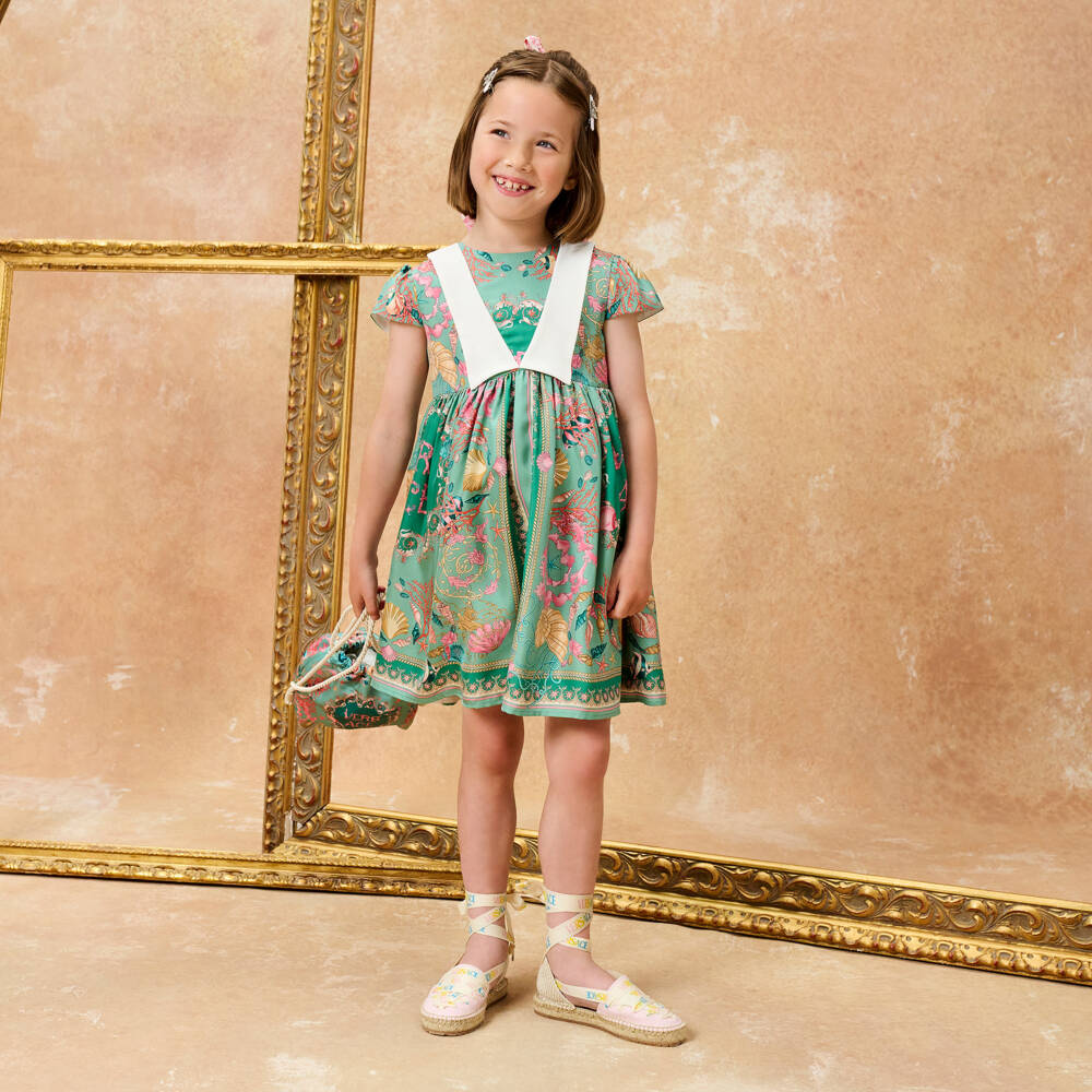 Versace-فستان باروك حريري أخضر للبنات | Childrensalon Outlet