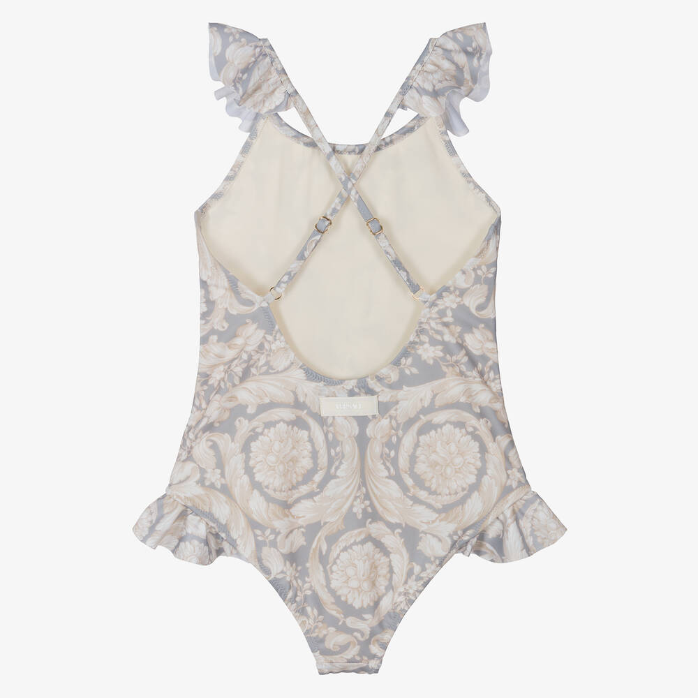 Versace-مايوه بطبعة باروكو لون رمادي وعاجي للبنات | Childrensalon Outlet