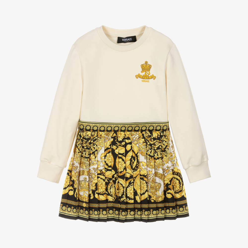 Versace-Junior Girls Ivory Gold & Black Barocco Foulard Satin Logo Crest Dress | Childrensalon Outlet