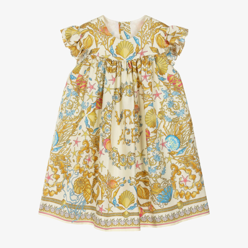 Versace-Junior Girls Ivory & Gold Underwater Barocco Print Silk Dress | Childrensalon Outlet