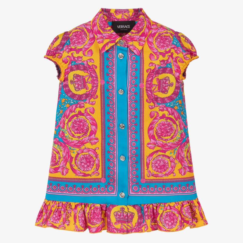 Versace-Платье из шелка с узором Barocco розовое и синее для девочек | Childrensalon Outlet