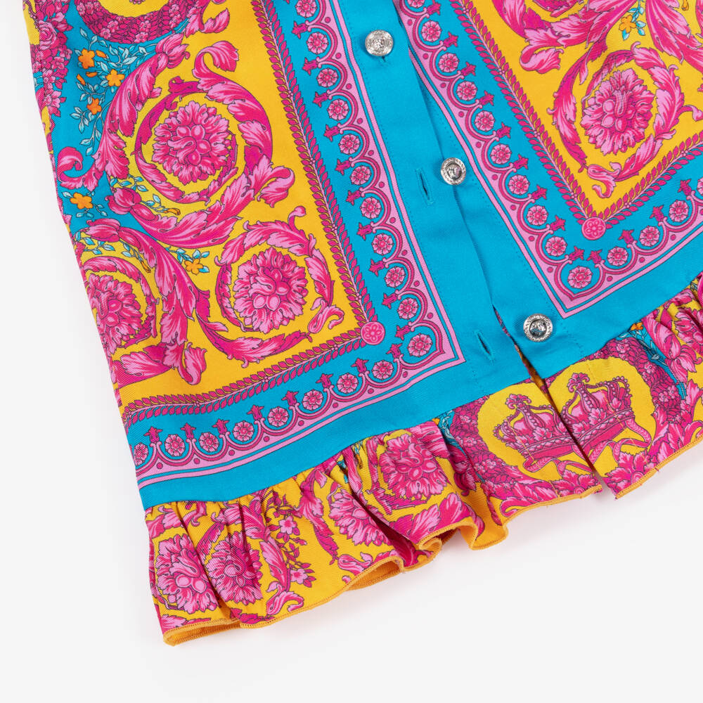 Versace-Платье из шелка с узором Barocco розовое и синее для девочек | Childrensalon Outlet