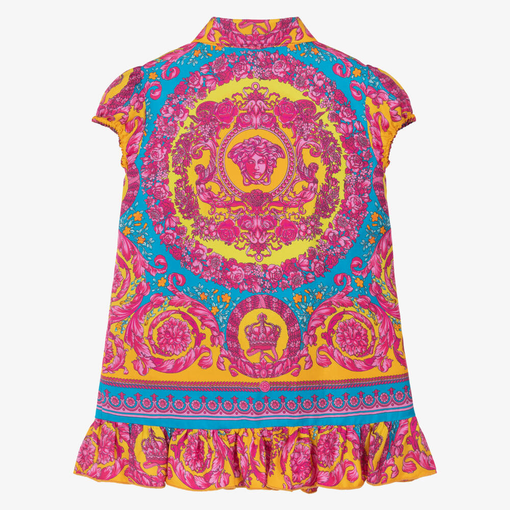 Versace-Платье из шелка с узором Barocco розовое и синее для девочек | Childrensalon Outlet