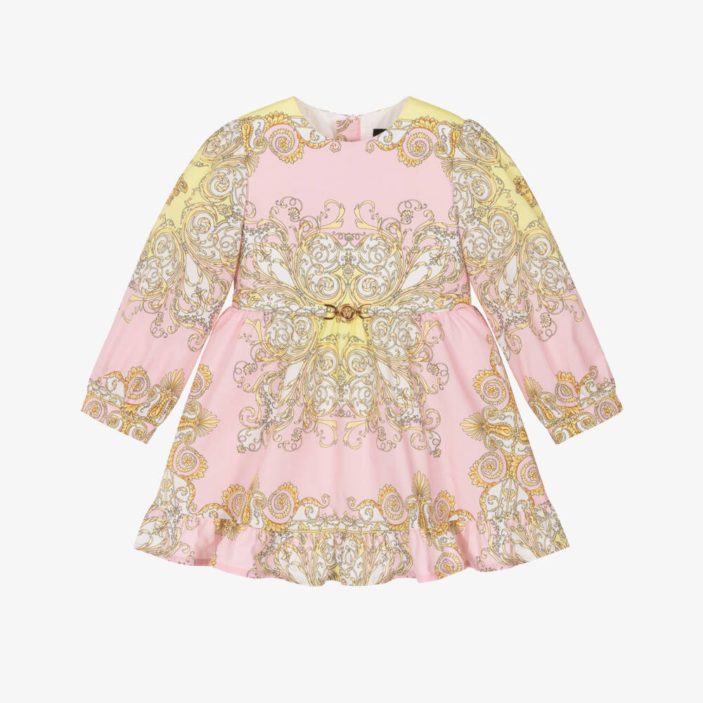 Versace-Junior Girls Pink & Gold Barocco Cotton Dress | Childrensalon Outlet