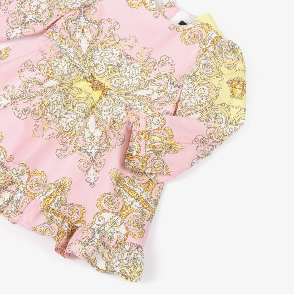 Versace-Junior Girls Pink & Gold Barocco Cotton Dress | Childrensalon Outlet