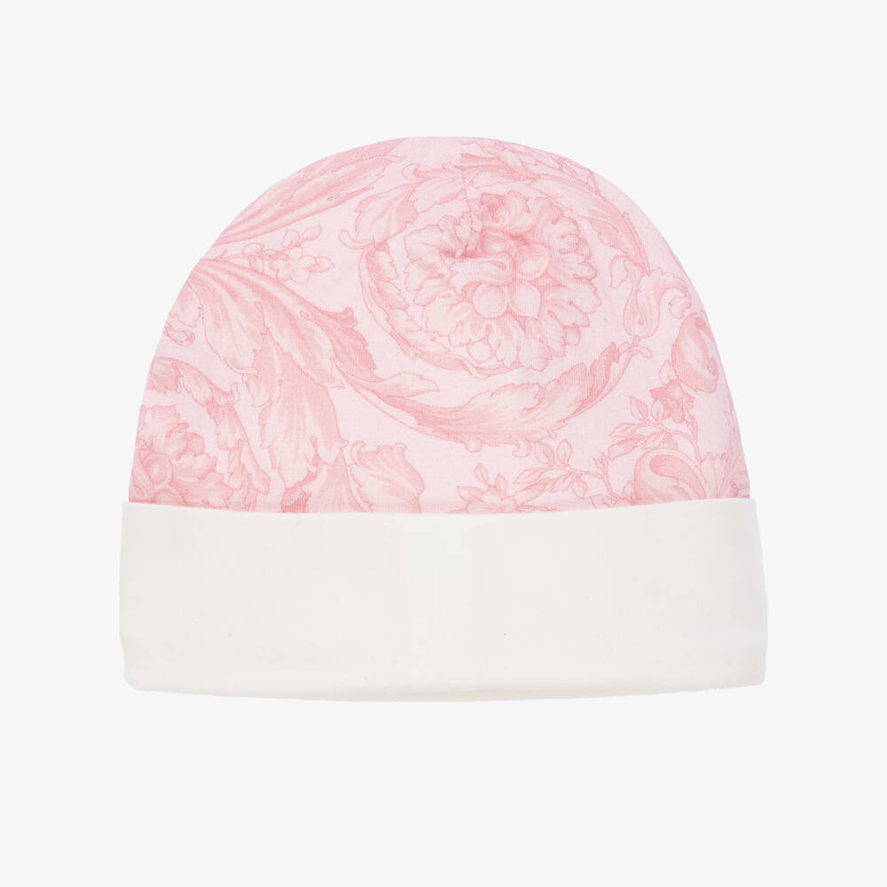 Versace-Pink Barocco Print Cotton Baby Hat | Childrensalon Outlet