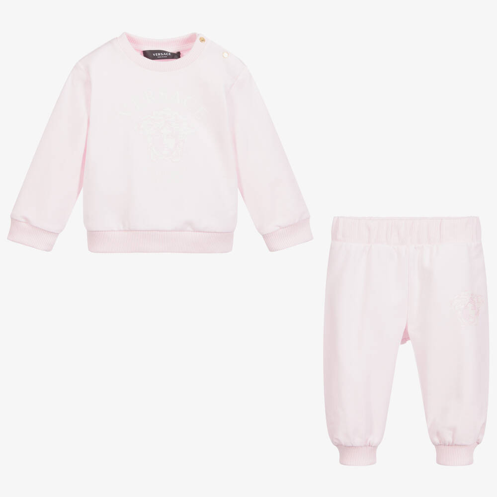 Versace-تراكسوت قطن جيرسي لون زهري و أبيض للمولودات | Childrensalon Outlet