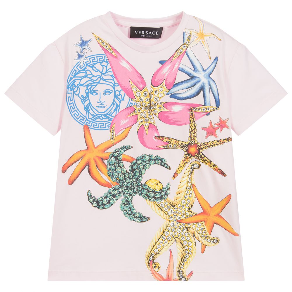 Versace - تيشيرت قطن جيرسي لون زهري بطبعة ملونة للبنات | Childrensalon