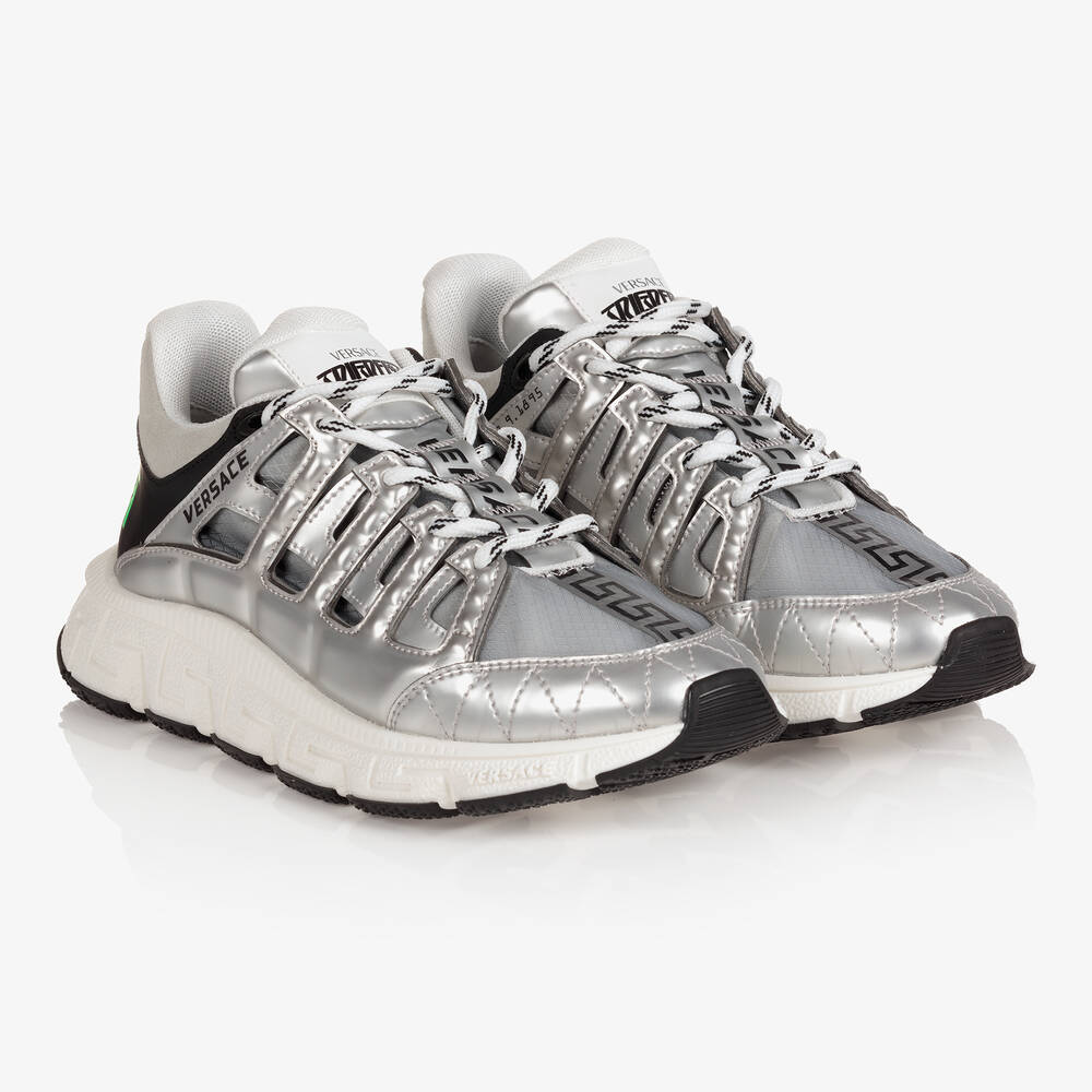 Versace - Silver Greca Leather Trainers | Childrensalon