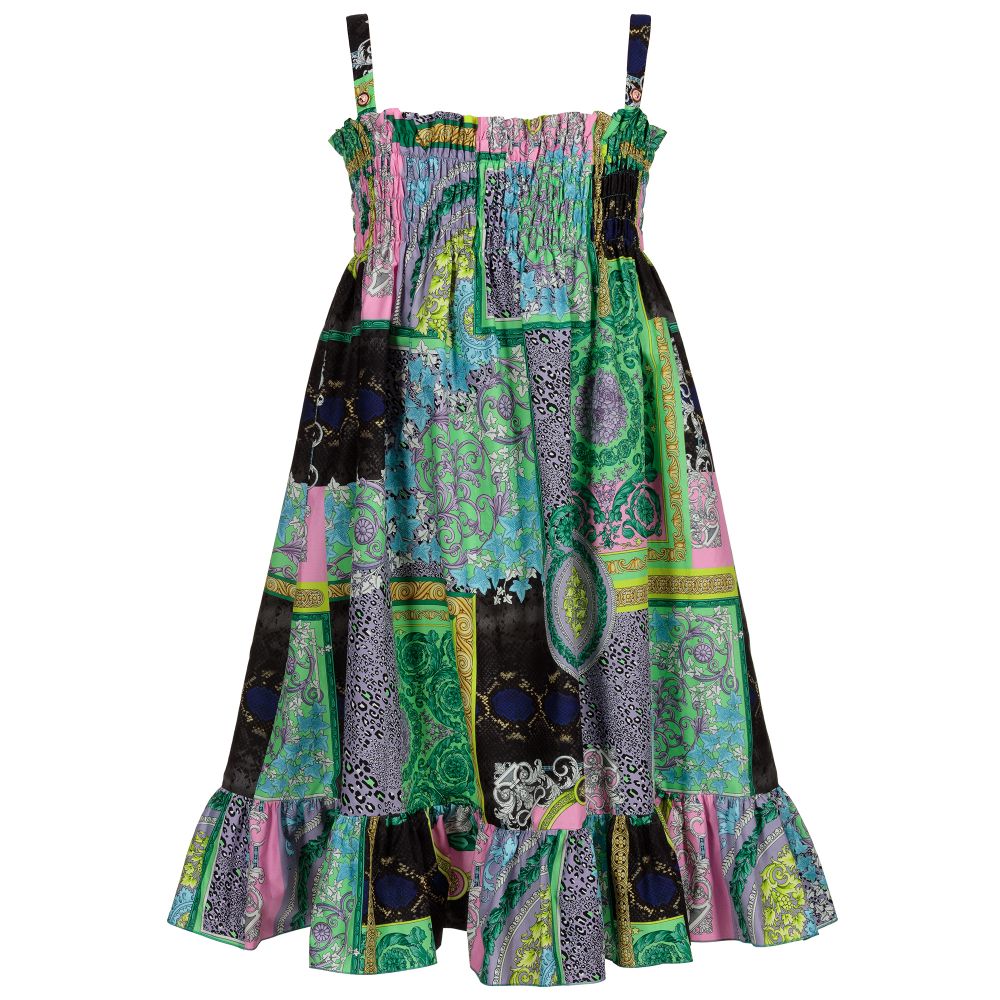 Versace - فستان ميدي قطن لون أخضر بطبعة ملونة | Childrensalon