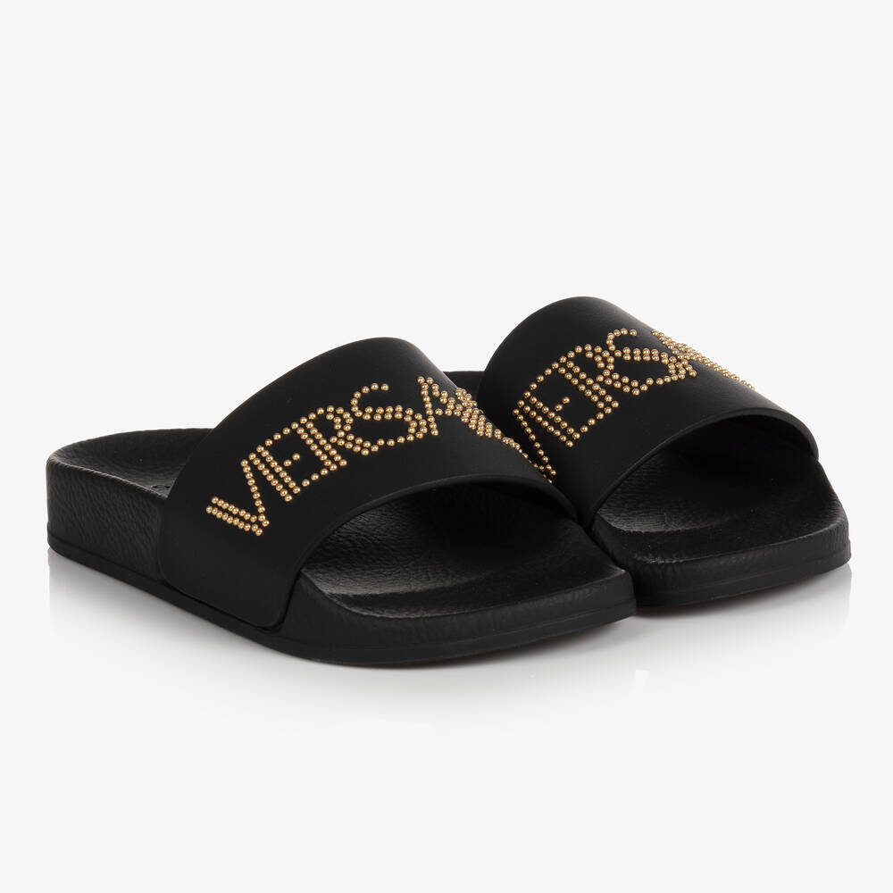 Versace - Claquettes noires et dorées ado | Childrensalon