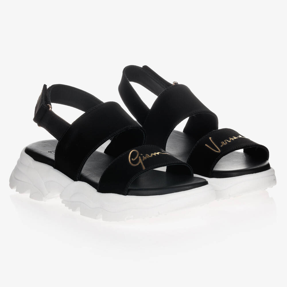 Versace - Teen Black Satin Logo Sandals  | Childrensalon