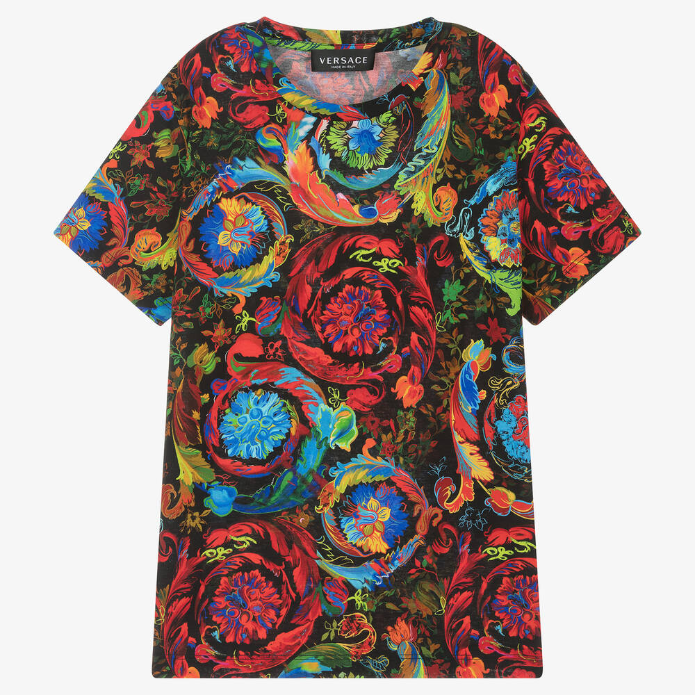 Versace-تيشيرت تينز ولادي قطن جيرسي لون أسود بطبعة الباروك | Childrensalon Outlet