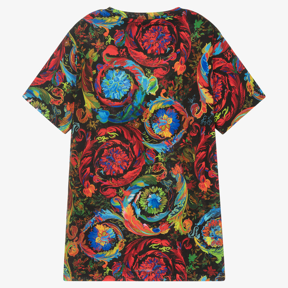 Versace-تيشيرت تينز ولادي قطن جيرسي لون أسود بطبعة الباروك | Childrensalon Outlet