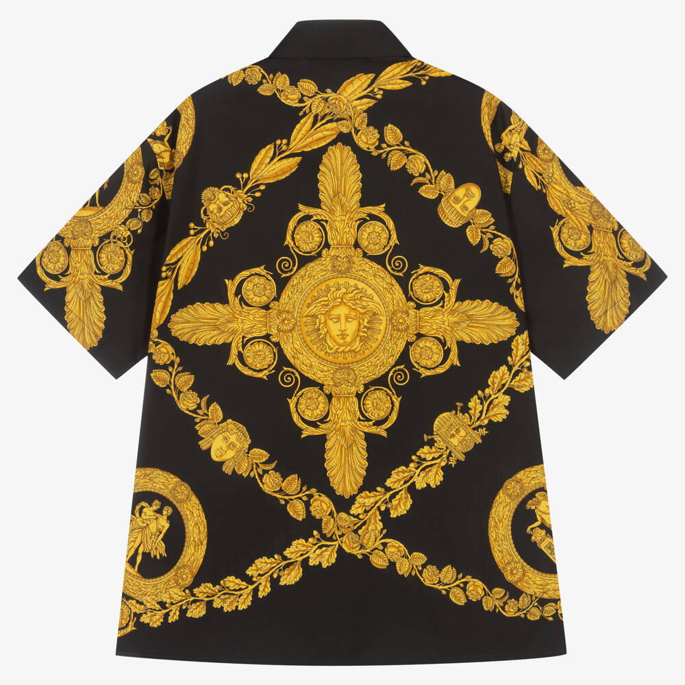 Versace-قميص قطن لون أسود وذهبي بطبعة الباروك | Childrensalon Outlet