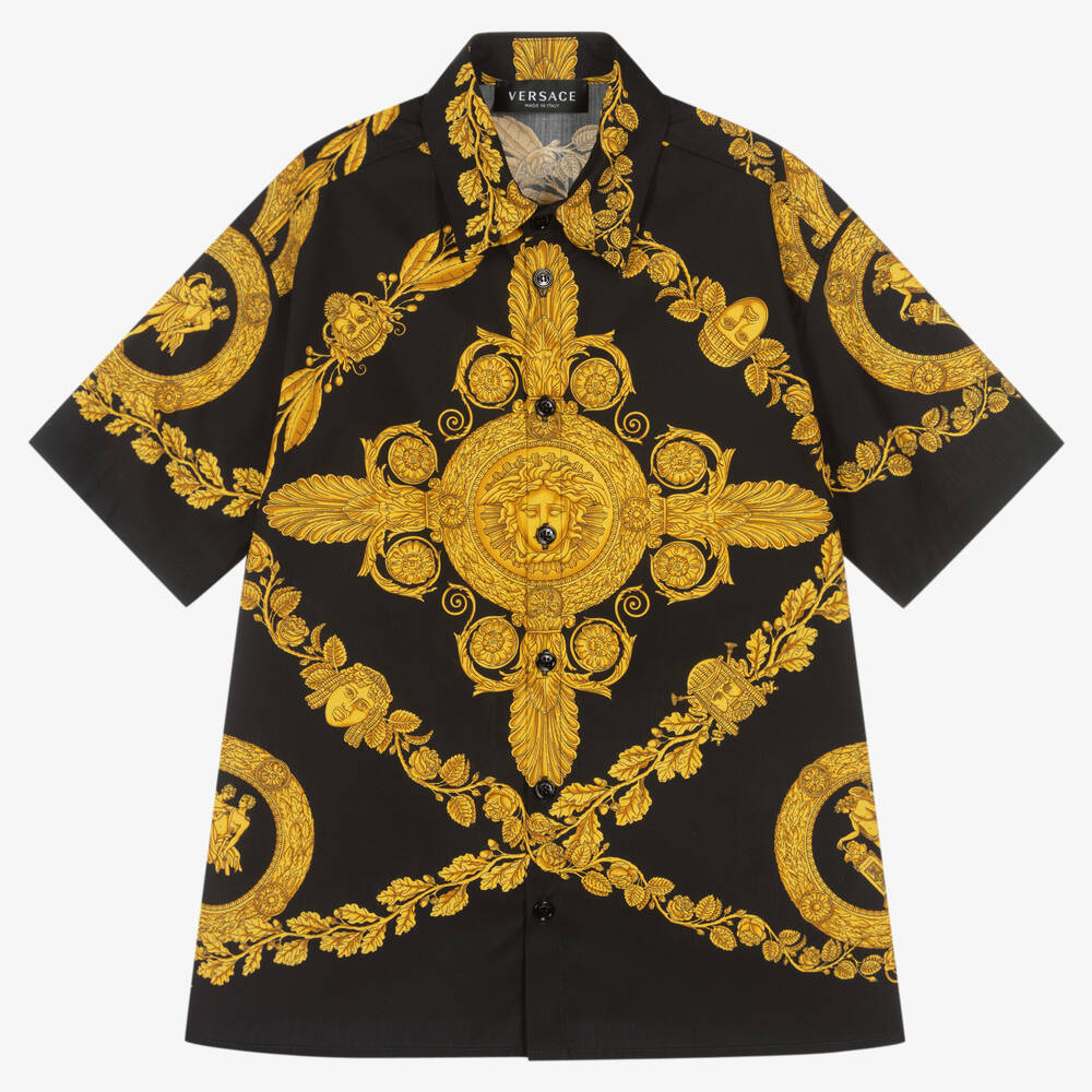 Versace - Черно-золотистая рубашка с принтом Barocco | Childrensalon