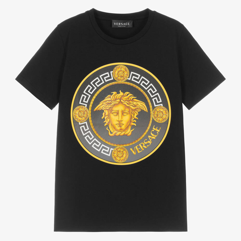 Versace - Черная футболка с золотистым символом Medusa | Childrensalon