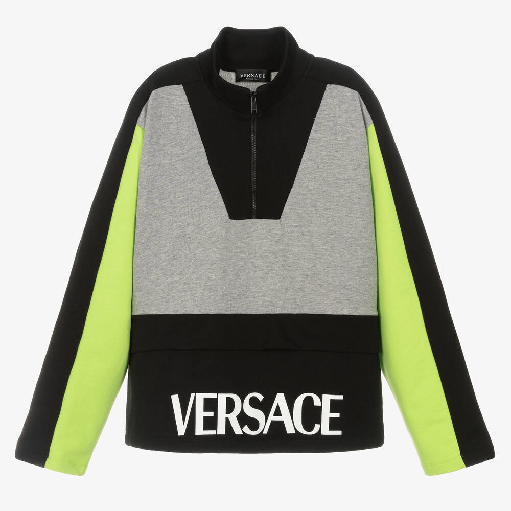 Versace - سويتشيرت قطن جيرسي لون أسود ورمادي تينز ولادي | Childrensalon