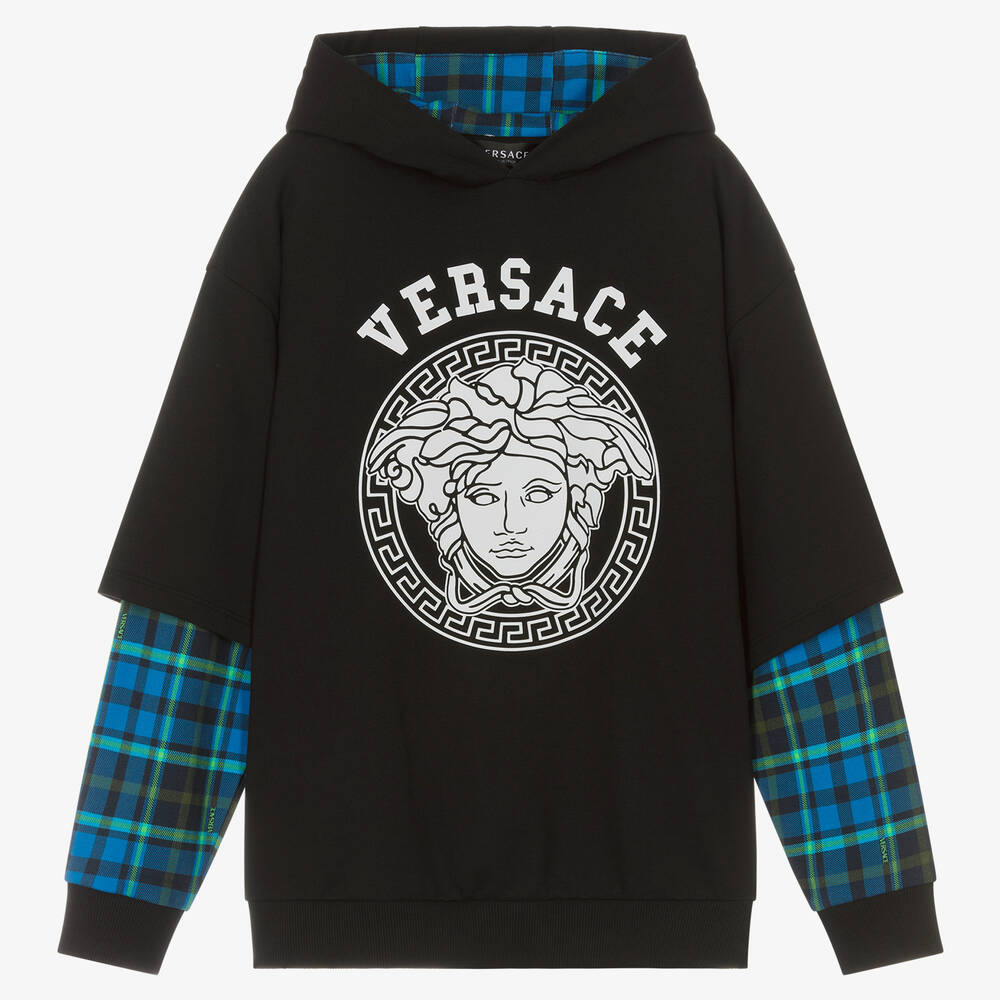 Versace - Teen Boys Black & Tartan Cotton Hoodie | Childrensalon