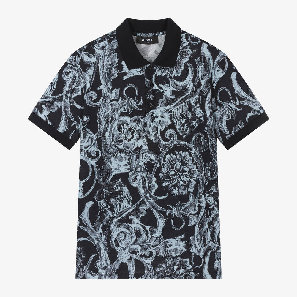 Versace Teen Boys Blue Barocco Stencil Polo Shirt Childrensalon Outlet
