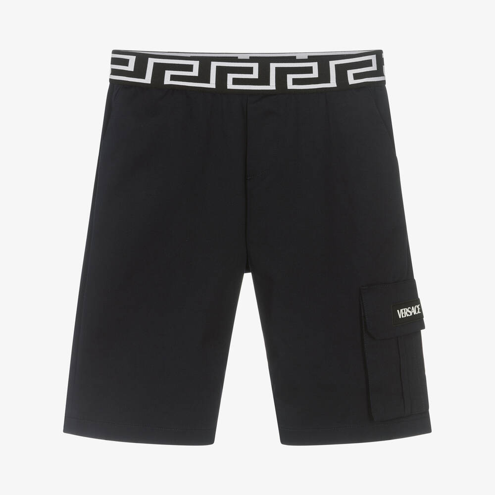Versace-Teen Boys Blue Cotton Greca Bermuda Shorts | Childrensalon Outlet