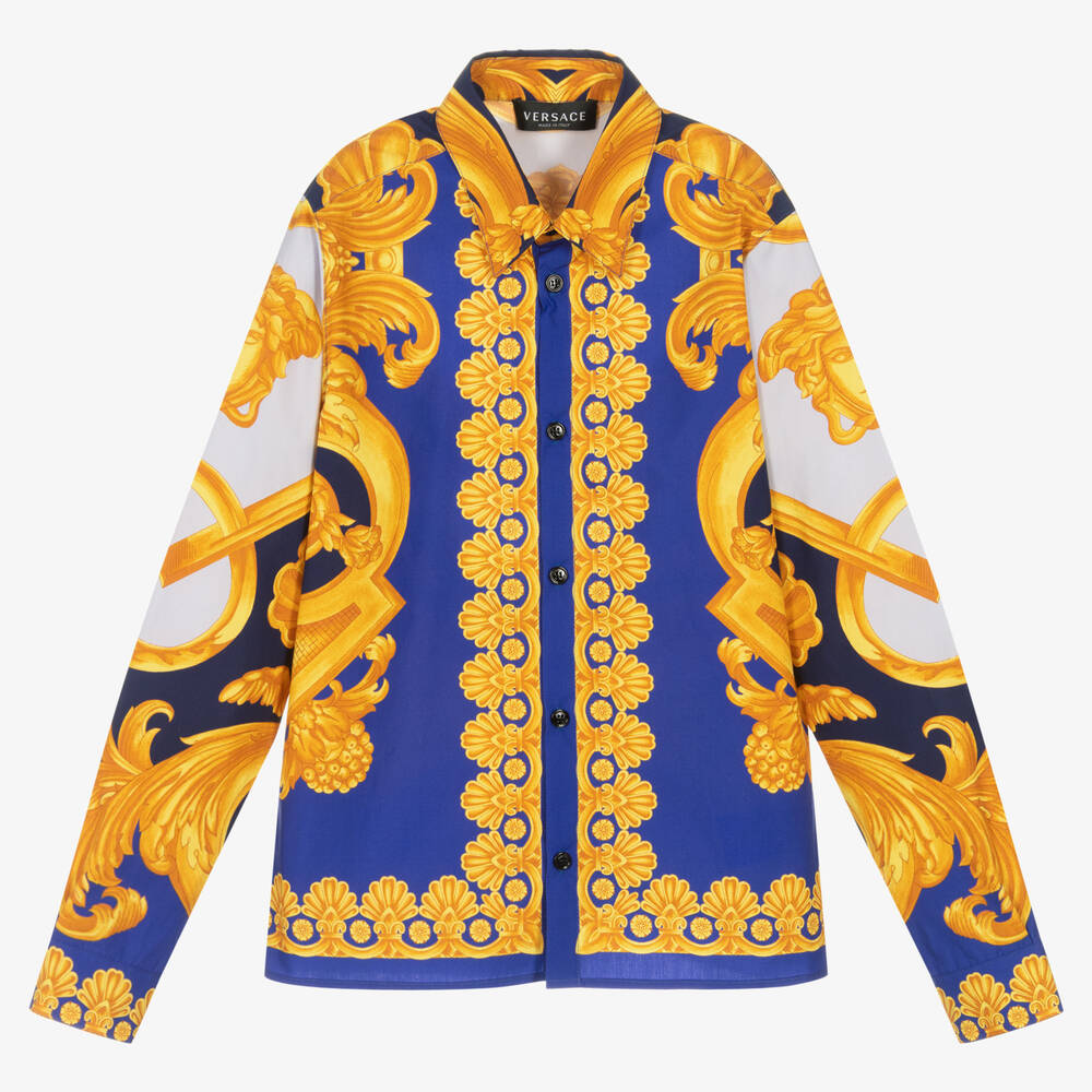 Versace - Chemise bleue et dorée Barocco ado | Childrensalon