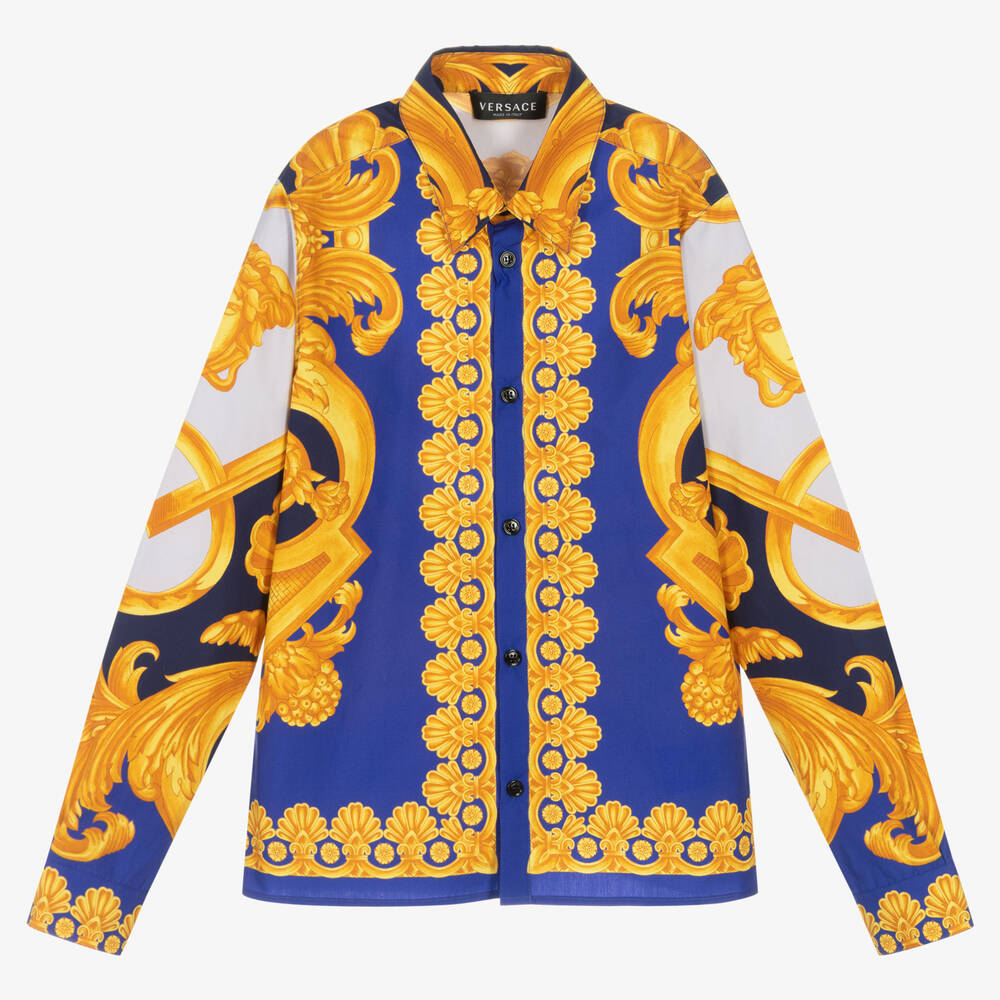 Versace-قميص قطن بوبلين لون أزرق وذهبي بطبعة الباروك | Childrensalon Outlet