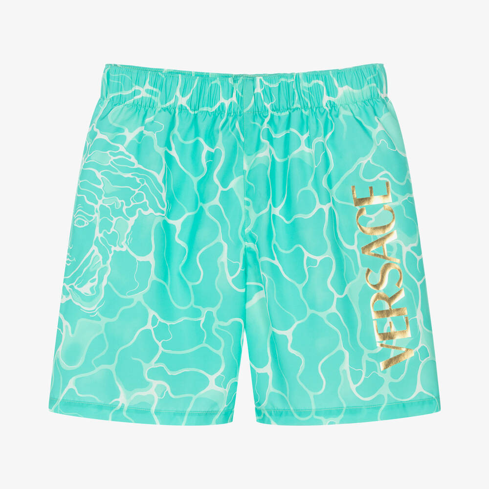 Versace - Teen Boys Blue & Gold Logo Swim Shorts | Childrensalon