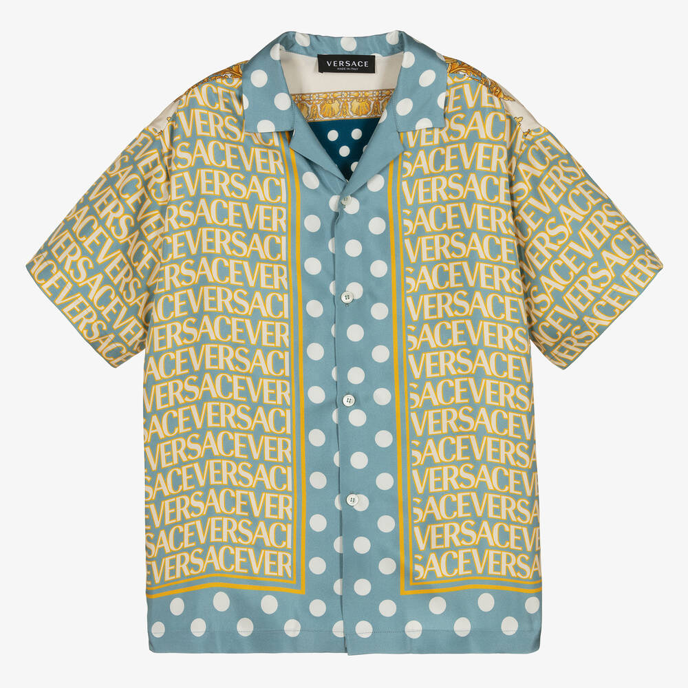 Versace - Золотисто-голубая рубашка из шелка с принтом Barocco | Childrensalon