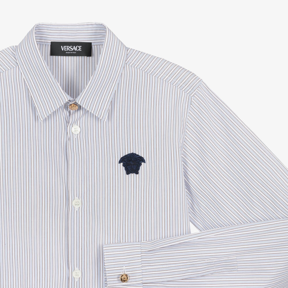 Versace-قميص قطن بوبلين مقلم لون أزرق للمراهقين | Childrensalon Outlet